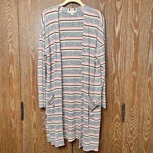 Allison Joy Cardigan Sweater Womens Striped Long Pink Gray Beige Stretch Relaxed